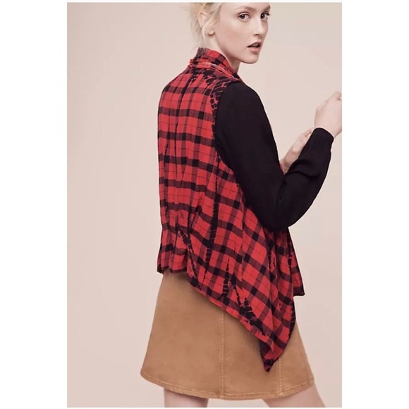 ANTHROPOLOGIE Elevenses Roxanne Vest in Red Plaid Waterfall Size M - Picture 3 of 10
